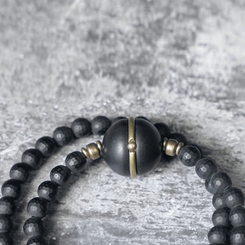 Buddha Stonesつや消しカット面 ブラックオニキス 黒檀ビーズ ダブルラップ保護ブレスレット