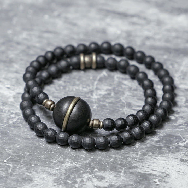 Buddha Stonesつや消しカット面 ブラックオニキス 黒檀ビーズ ダブルラップ保護ブレスレット