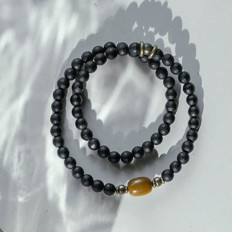 Buddha Stonesつや消しカット面 ブラックオニキス トパーズビーズ ダブルラップ保護ブレスレット