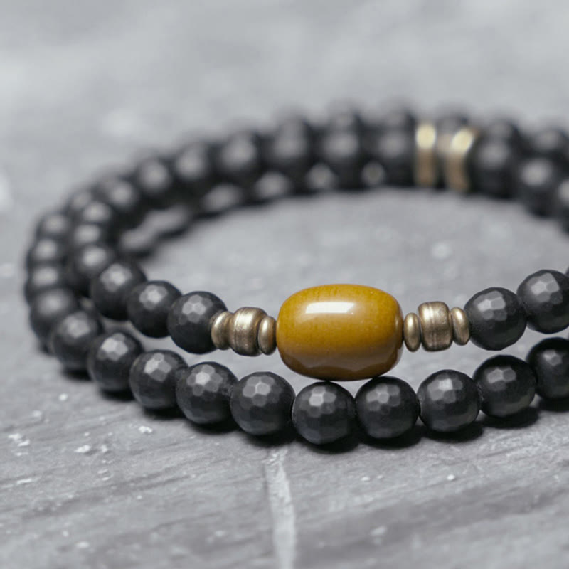 Buddha Stonesつや消しカット面 ブラックオニキス トパーズビーズ ダブルラップ保護ブレスレット