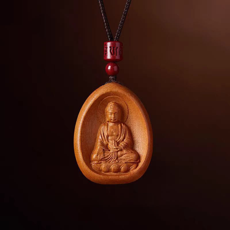Buddha Stones桃の木 辰砂オーム・マニ・パドメ・フム中国の十二支 黒紐ネックレスペンダント - 桃の木-犬豚 - image 27