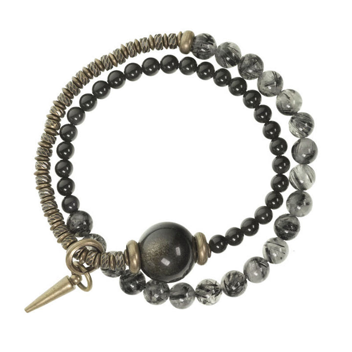 Buddha Stonesゴールドシーンオブシディアン ブラックルチルクォーツ 銅 真鍮 ダブルラップ プロテクションブレスレット