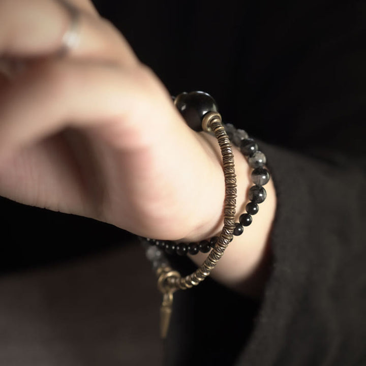 Buddha Stonesゴールドシーンオブシディアン ブラックルチルクォーツ 銅 真鍮 ダブルラップ プロテクションブレスレット