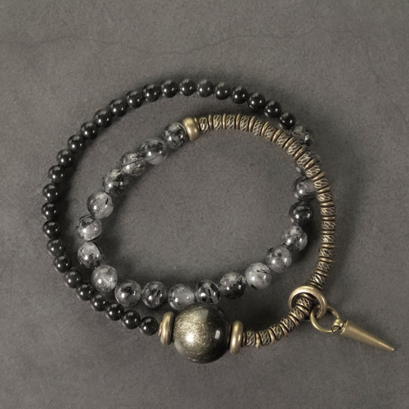Buddha Stonesゴールドシーンオブシディアン ブラックルチルクォーツ 銅 真鍮 ダブルラップ プロテクションブレスレット