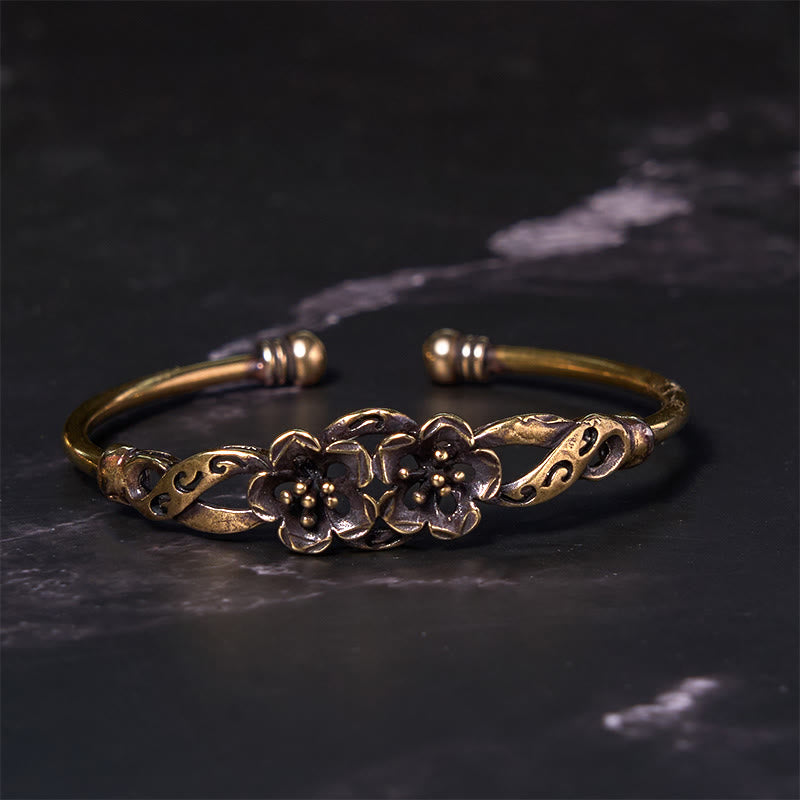 Buddha Stones、花、葉、銅、真鍮、幸運のヒーリングカフブレスレットバングル