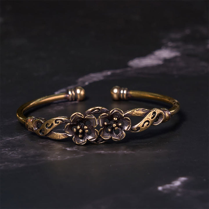 Buddha Stones、花、葉、銅、真鍮、幸運のヒーリングカフブレスレットバングル