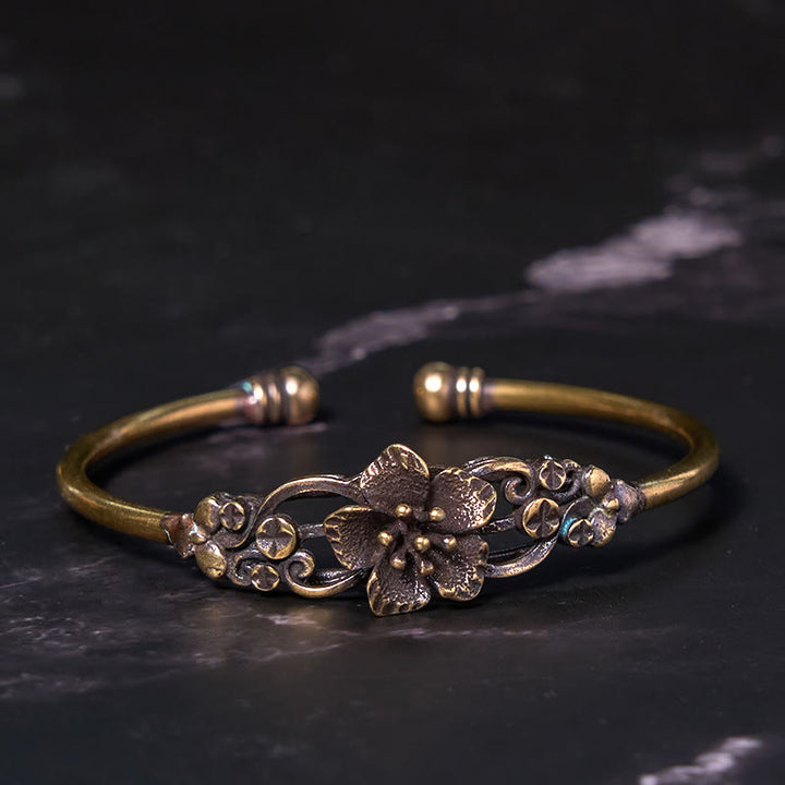 Buddha Stones、花、葉、銅、真鍮、幸運のヒーリングカフブレスレットバングル