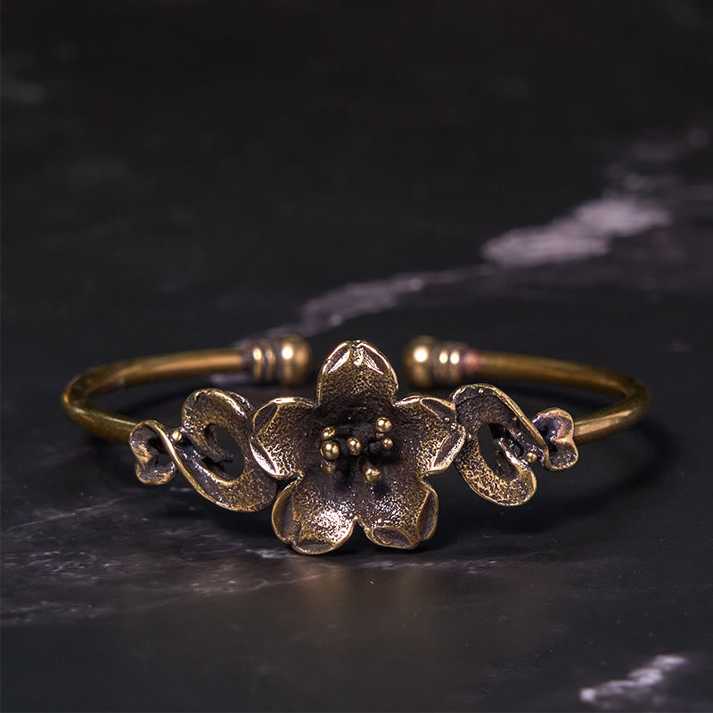 Buddha Stones、花、葉、銅、真鍮、幸運のヒーリングカフブレスレットバングル