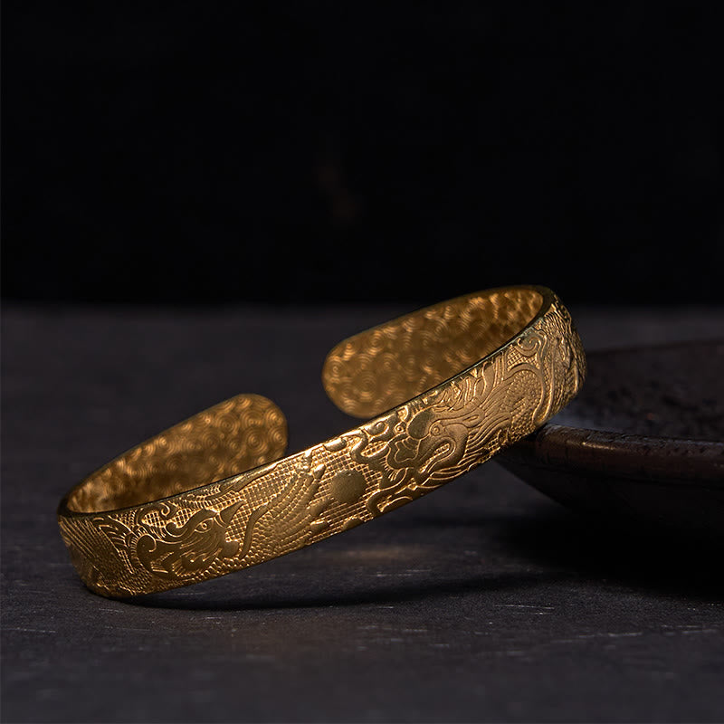 Buddha Stones、龍、鳳凰、真珠の彫刻、銅、真鍮製、幸運の守護ブレスレット、バングル