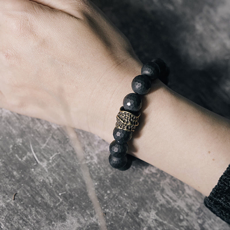 Buddha Stonesマットフロスティングブラックオニキス銅真鍮保護ブレスレット