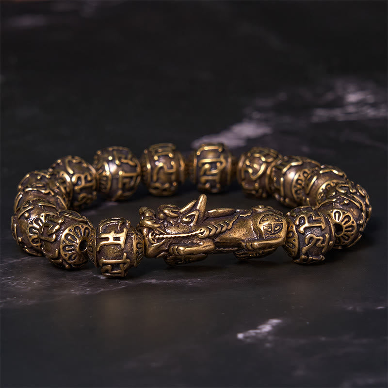 Buddha Stonesピシュウ 担ぎ福字 六つの真実の言葉「オム・マニ・パドメ・フム」 銅真鍮ビーズ開運財運ブレスレットバングル