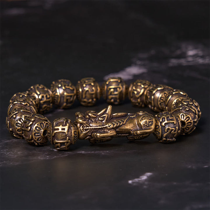 Buddha Stonesピシュウ 担ぎ福字 六つの真実の言葉「オム・マニ・パドメ・フム」 銅真鍮ビーズ開運財運ブレスレットバングル