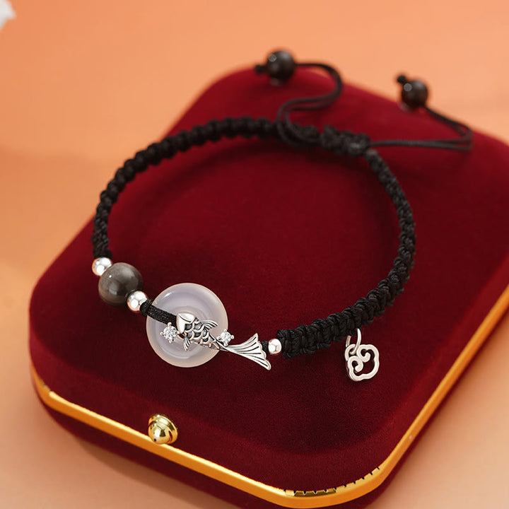 Buddha Stonesハンドメイドカルセドニー平和のお守りチャーム鯉魚925スターリングシルバー編み紐ポジティブカップルブレスレット