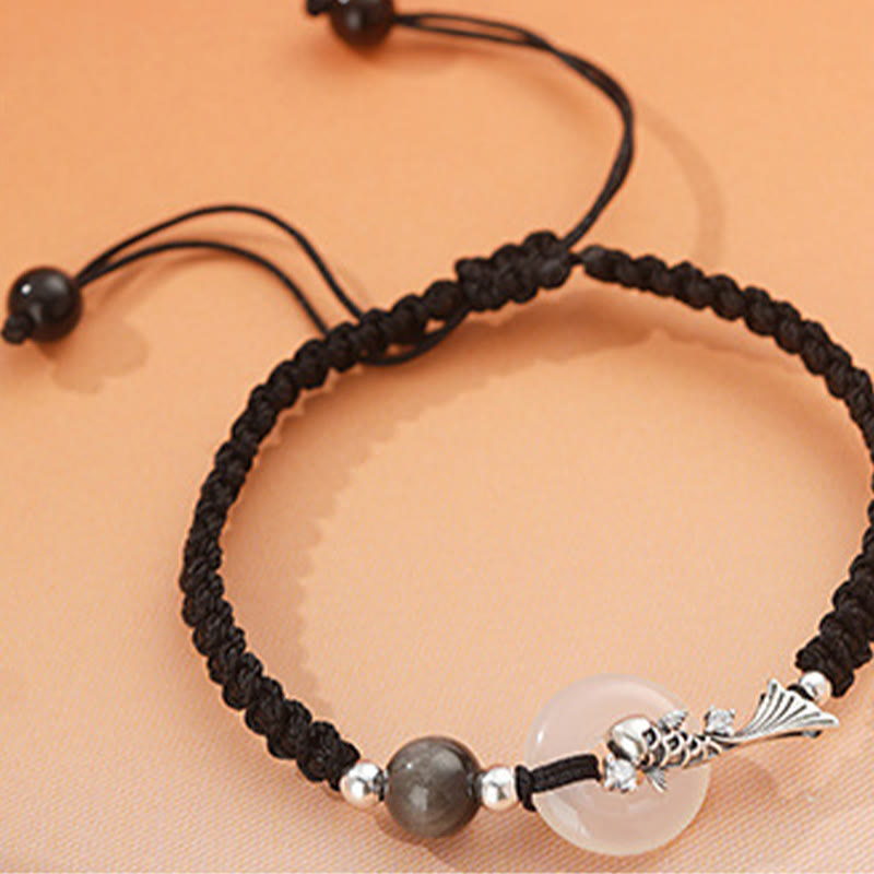 Buddha Stonesハンドメイドカルセドニー平和のお守りチャーム鯉魚925スターリングシルバー編み紐ポジティブカップルブレスレット