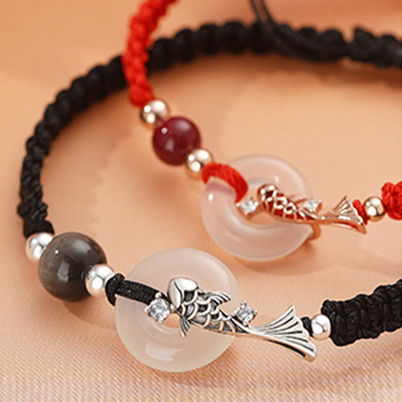 Buddha Stonesハンドメイドカルセドニー平和のお守りチャーム鯉魚925スターリングシルバー編み紐ポジティブカップルブレスレット