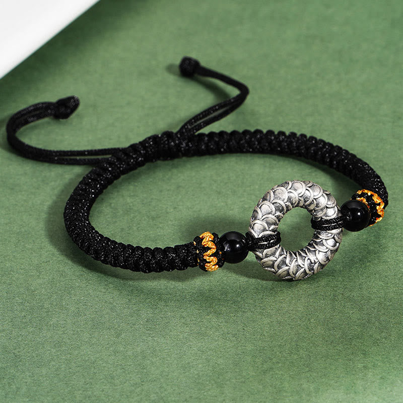 Buddha Stonesハンドメイド ブラックオニキス 999 スターリングシルバー ピースバックル ドラゴン ブラックストリング 幸運編みブレスレット