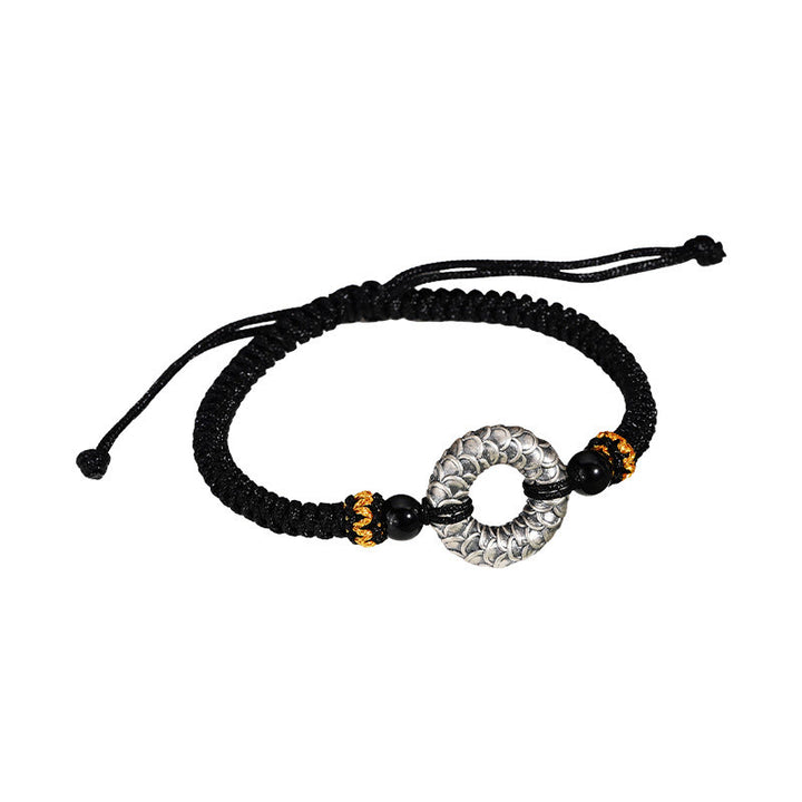 Buddha Stonesハンドメイド ブラックオニキス 999 スターリングシルバー ピースバックル ドラゴン ブラックストリング 幸運編みブレスレット