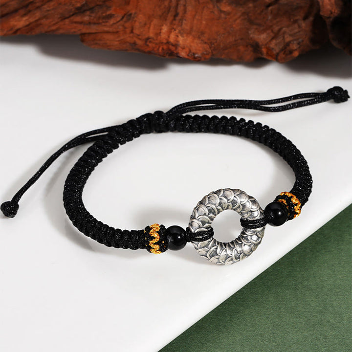 Buddha Stonesハンドメイド ブラックオニキス 999 スターリングシルバー ピースバックル ドラゴン ブラックストリング 幸運編みブレスレット