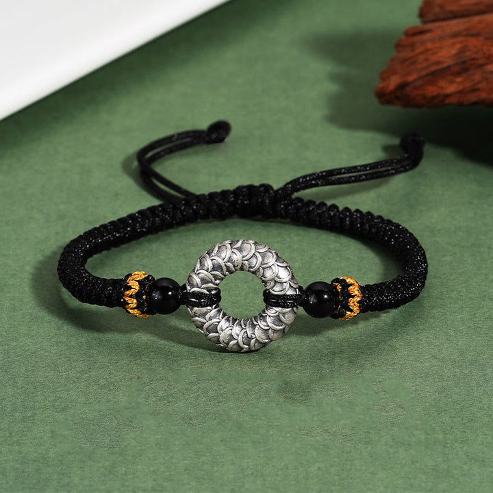 Buddha Stonesハンドメイド ブラックオニキス 999 スターリングシルバー ピースバックル ドラゴン ブラックストリング 幸運編みブレスレット