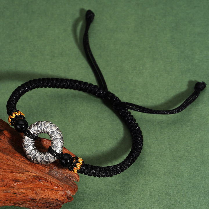 Buddha Stonesハンドメイド ブラックオニキス 999 スターリングシルバー ピースバックル ドラゴン ブラックストリング 幸運編みブレスレット
