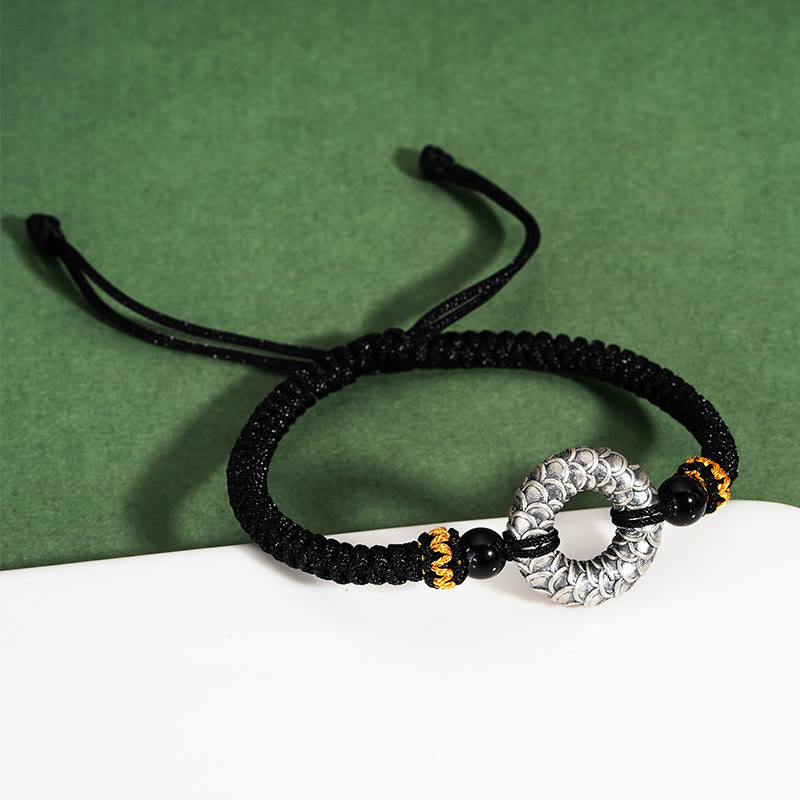 Buddha Stonesハンドメイド ブラックオニキス 999 スターリングシルバー ピースバックル ドラゴン ブラックストリング 幸運編みブレスレット
