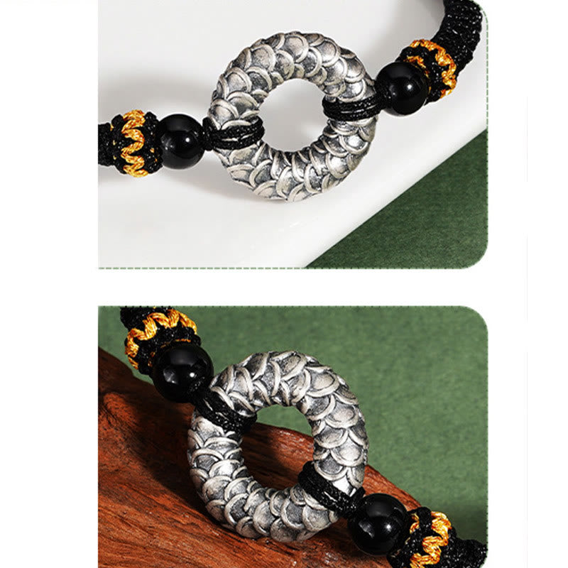 Buddha Stonesハンドメイド ブラックオニキス 999 スターリングシルバー ピースバックル ドラゴン ブラックストリング 幸運編みブレスレット
