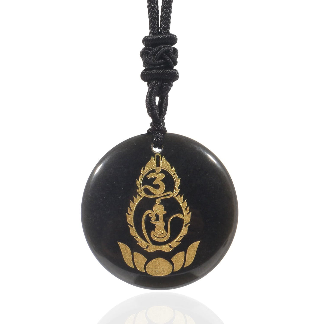 Buddha Stonesひょうたん 蓮 台座 模様 金剛杵 守護 マントラ 天然 各種 水晶 黒曜石 成就 ネックレス ペンダント - ブラックオブシディアン - image 1