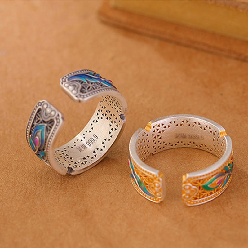 Buddha Stones999スターリングシルバー エナメル フェザーデザイン 調節可能なカームリング