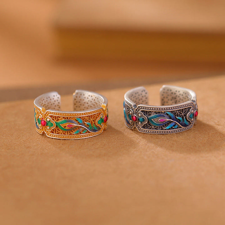 Buddha Stones999スターリングシルバー エナメル フェザーデザイン 調節可能なカームリング