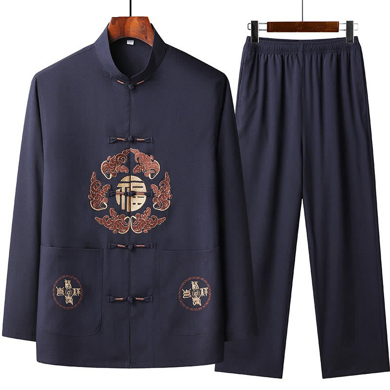 Buddha Stones中国の旧正月 刺繍 フータンスーツ 漢服 長袖 トップス パンツ 衣類 メンズセット - ミッドナイトブルー - US/UK/AU44、 EU54 (4XL) - image 2