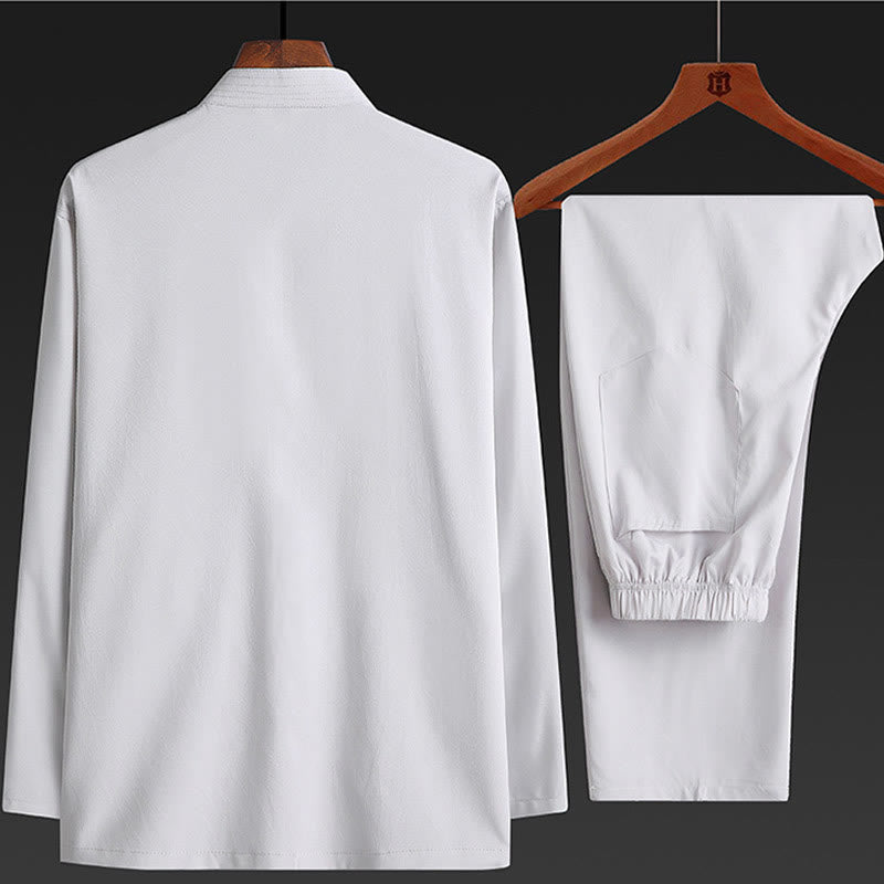 Buddha Stones中国の旧正月 刺繍 龍 カエルボタン 唐装 漢服 伝統制服 長袖 トップス パンツ 衣類 メンズセット - image 6