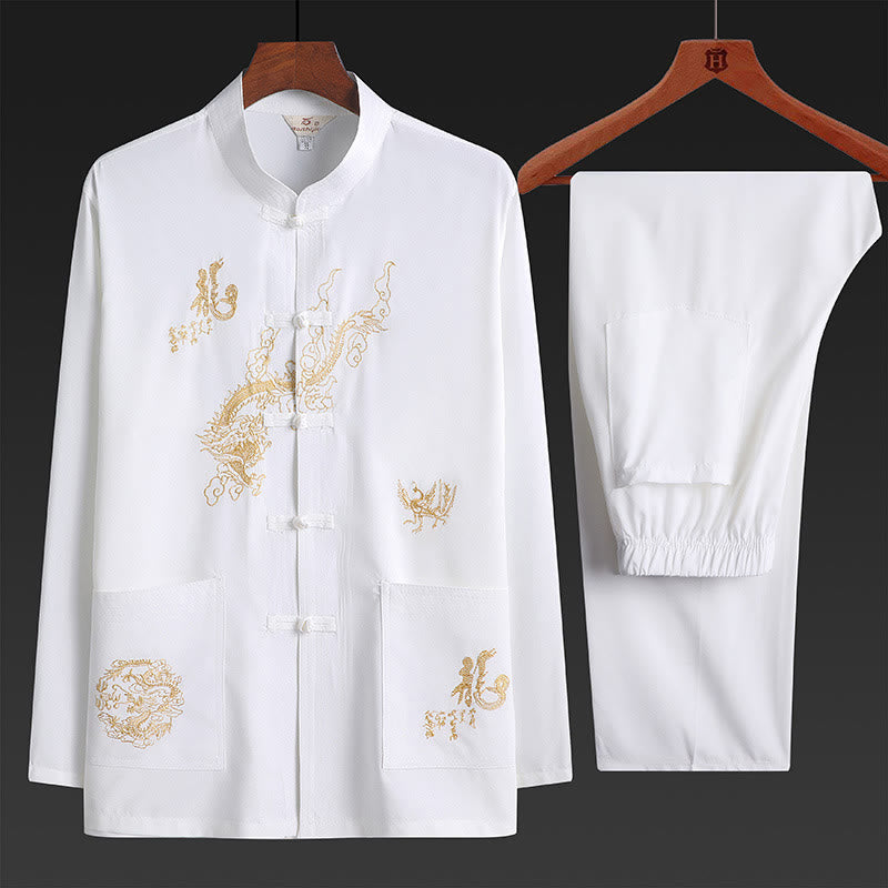 Buddha Stones中国の旧正月 刺繍 龍 カエルボタン 唐装 漢服 伝統制服 長袖 トップス パンツ 衣類 メンズセット
