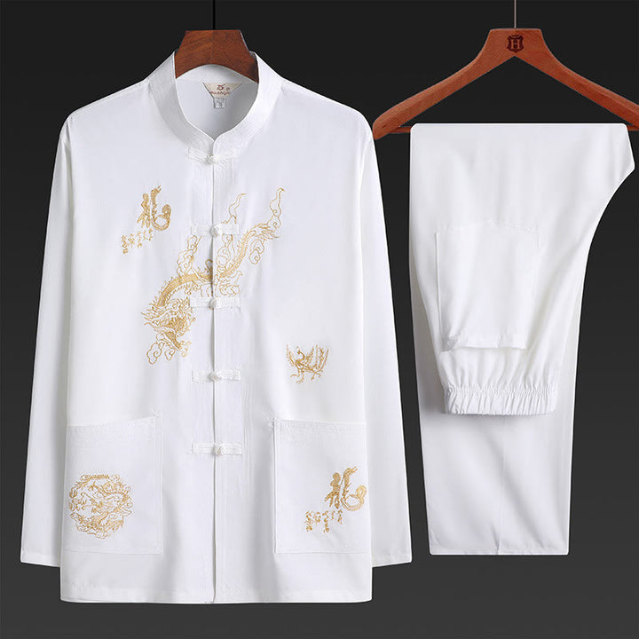 Buddha Stones中国の旧正月 刺繍 龍 カエルボタン 唐装 漢服 伝統制服 長袖 トップス パンツ 衣類 メンズセット
