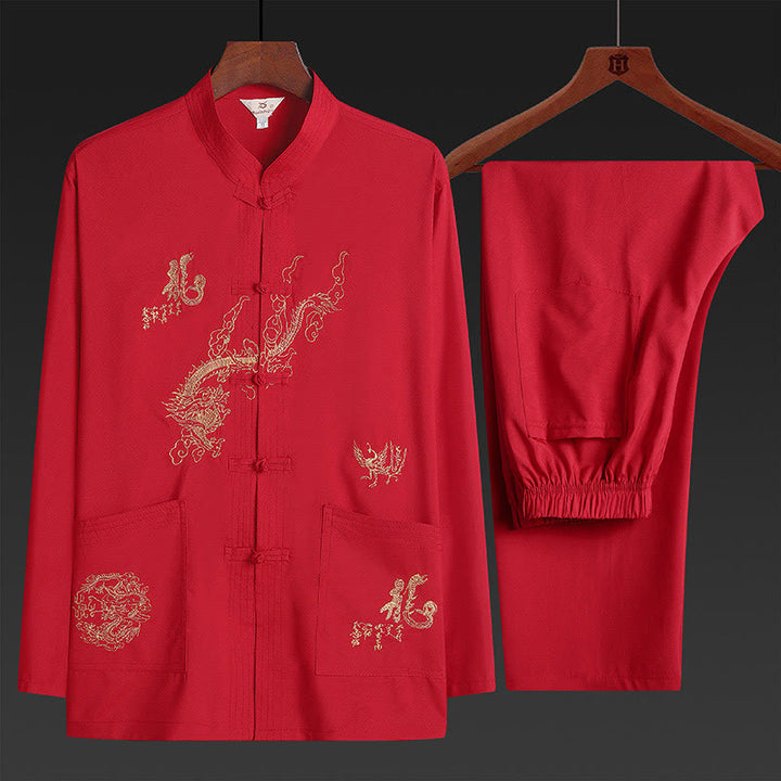 Buddha Stones中国の旧正月 刺繍 龍 カエルボタン 唐装 漢服 伝統制服 長袖 トップス パンツ 衣類 メンズセット