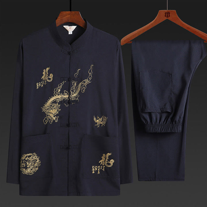 Buddha Stones中国の旧正月 刺繍 龍 カエルボタン 唐装 漢服 伝統制服 長袖 トップス パンツ 衣類 メンズセット