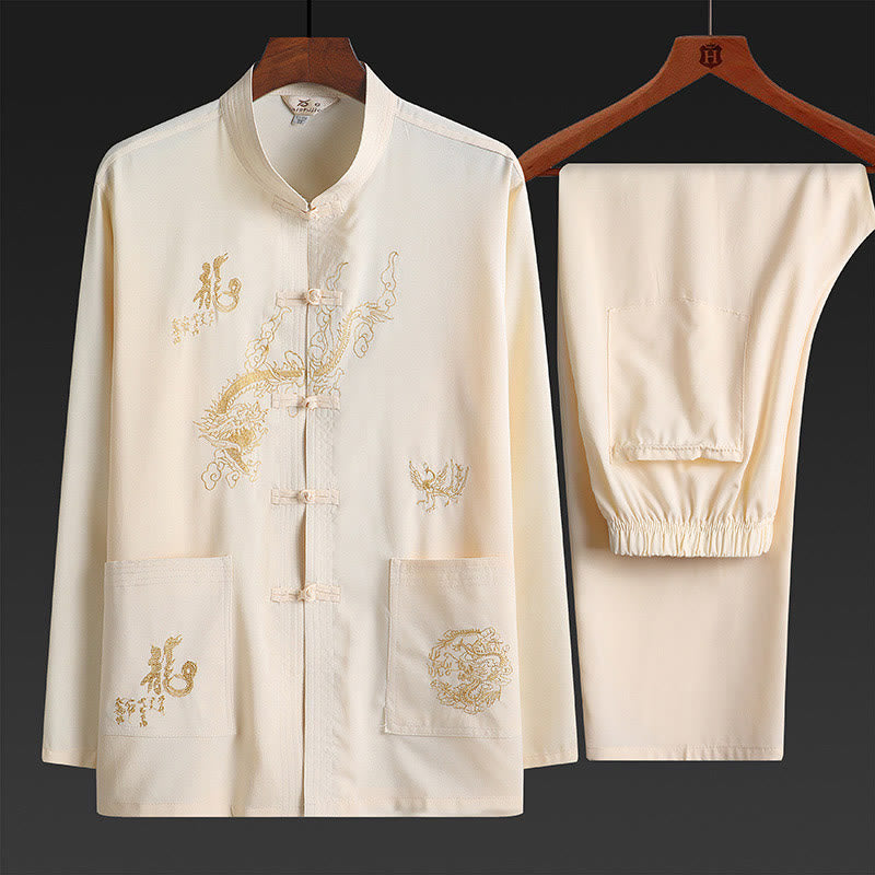 Buddha Stones中国の旧正月 刺繍 龍 カエルボタン 唐装 漢服 伝統制服 長袖 トップス パンツ 衣類 メンズセット