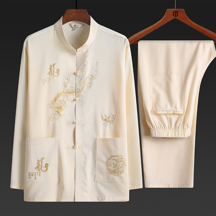 Buddha Stones中国の旧正月 刺繍 龍 カエルボタン 唐装 漢服 伝統制服 長袖 トップス パンツ 衣類 メンズセット