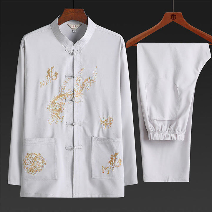 Buddha Stones中国の旧正月 刺繍 龍 カエルボタン 唐装 漢服 伝統制服 長袖 トップス パンツ 衣類 メンズセット