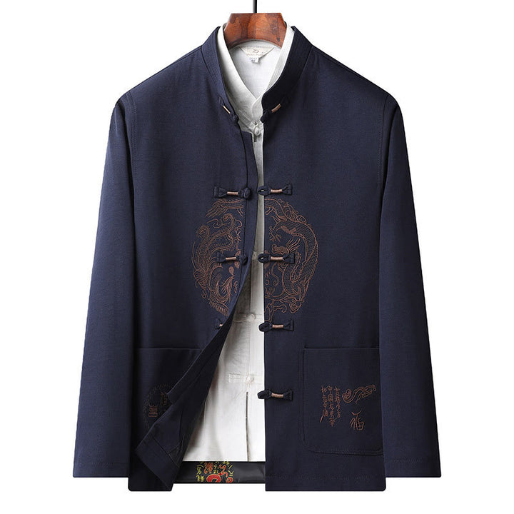 Buddha Stones中国の旧正月 刺繍 唐装 漢服 伝統制服 長袖 トップス パンツ 衣類 メンズセット - ダークブルートップ - US/UK/AU46、 EU56 (5XL) - image 16