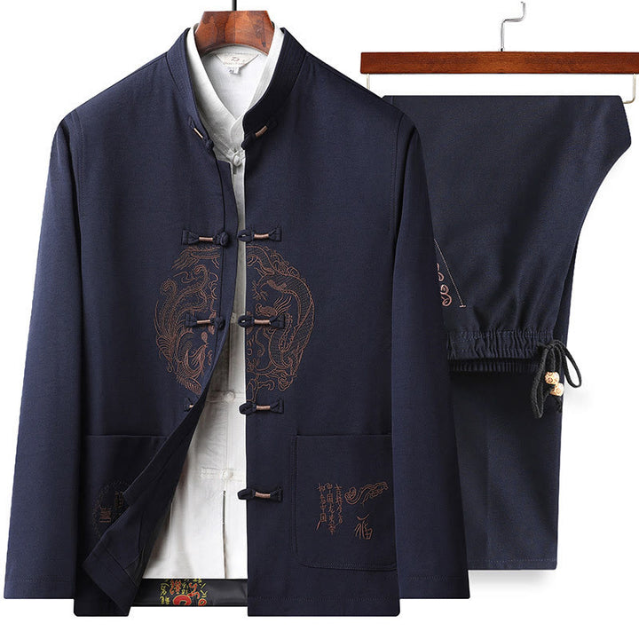 Buddha Stones中国の旧正月 刺繍 唐装 漢服 伝統制服 長袖 トップス パンツ 衣類 メンズセット