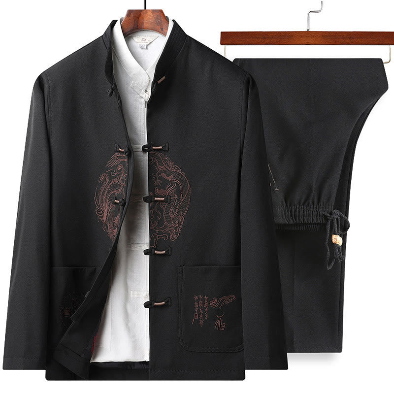 Buddha Stones中国の旧正月 刺繍 唐装 漢服 伝統制服 長袖 トップス パンツ 衣類 メンズセット