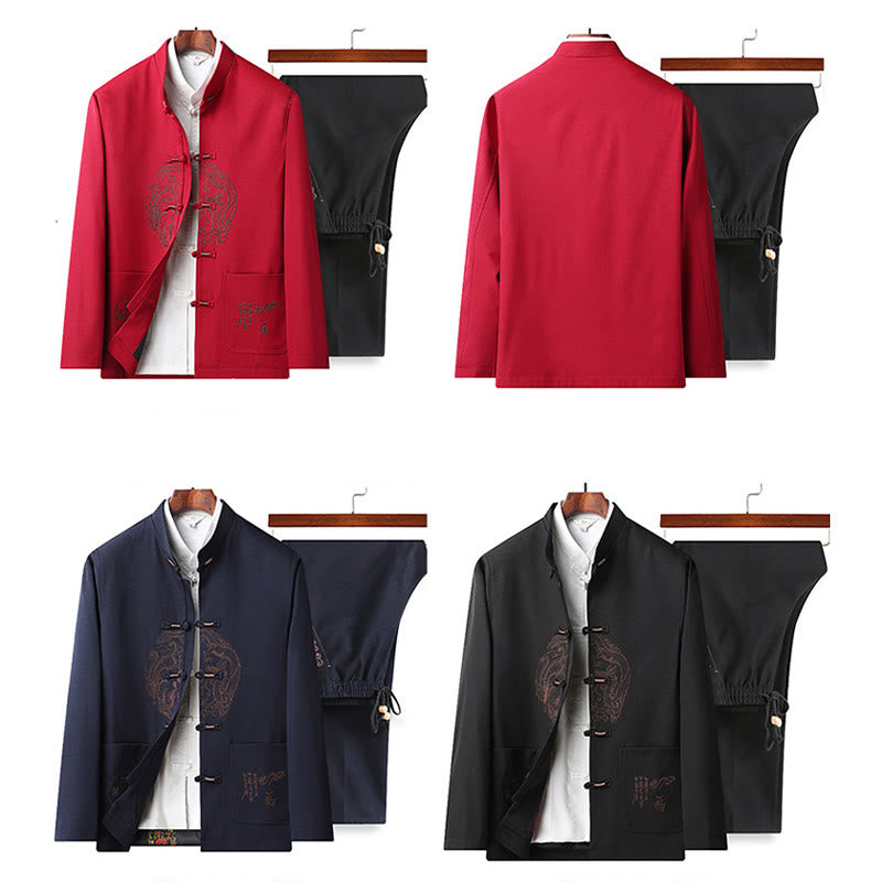 Buddha Stones中国の旧正月 刺繍 唐装 漢服 伝統制服 長袖 トップス パンツ 衣類 メンズセット - image 1