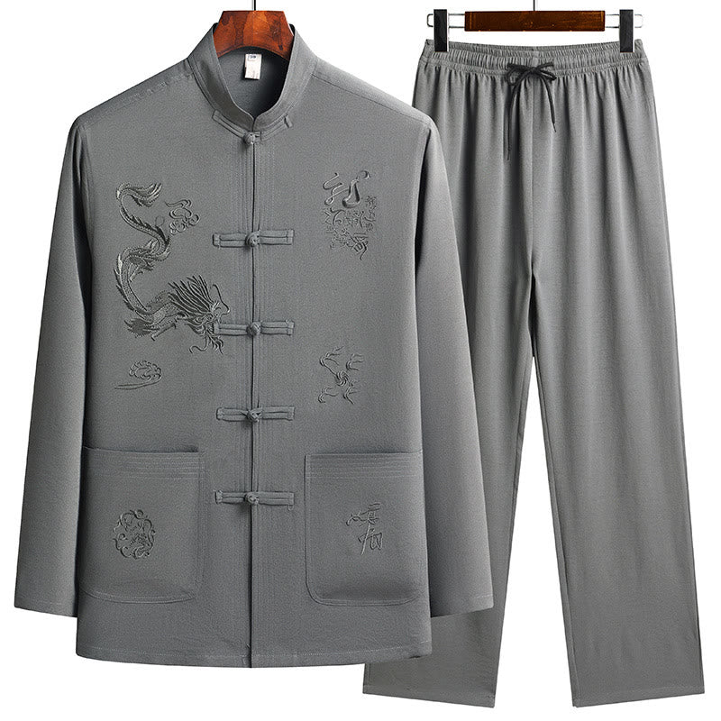 Buddha Stones中国の旧正月 刺繍 龍 カエルボタン 唐装 漢服 長袖 トップス パンツ 衣類 メンズ セット - ダークシーグリーン - US/UK/AU44、 EU54 (4XL) - image 15