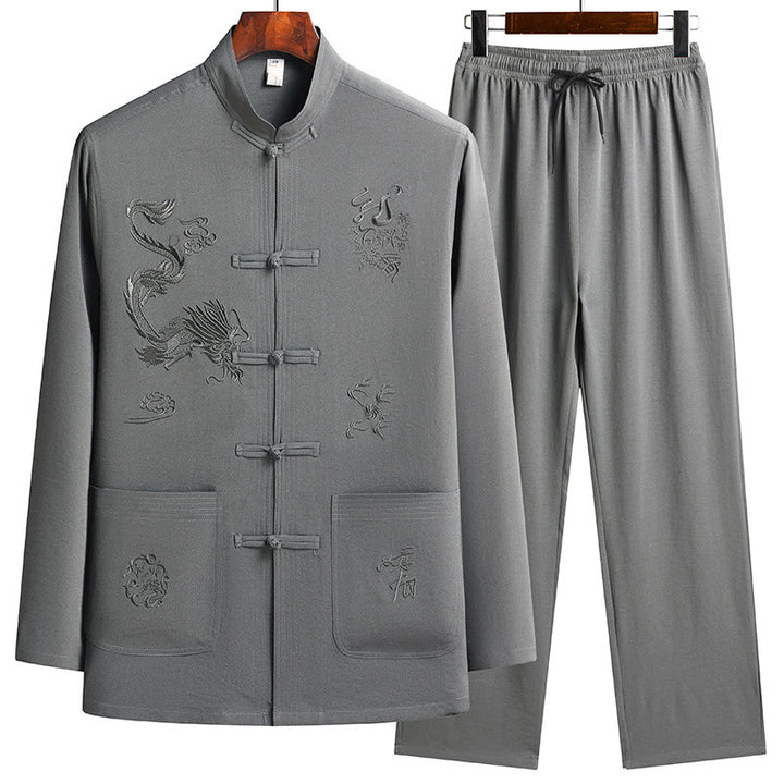 Buddha Stones中国の旧正月 刺繍 龍 カエルボタン 唐装 漢服 長袖 トップス パンツ 衣類 メンズ セット - ダークシーグリーン - US/UK/AU44、 EU54 (4XL) - image 15