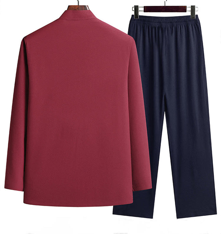 Buddha Stones中国の旧正月 刺繍 龍 カエルボタン 唐装 漢服 長袖 トップス パンツ 衣類 メンズ セット - image 1