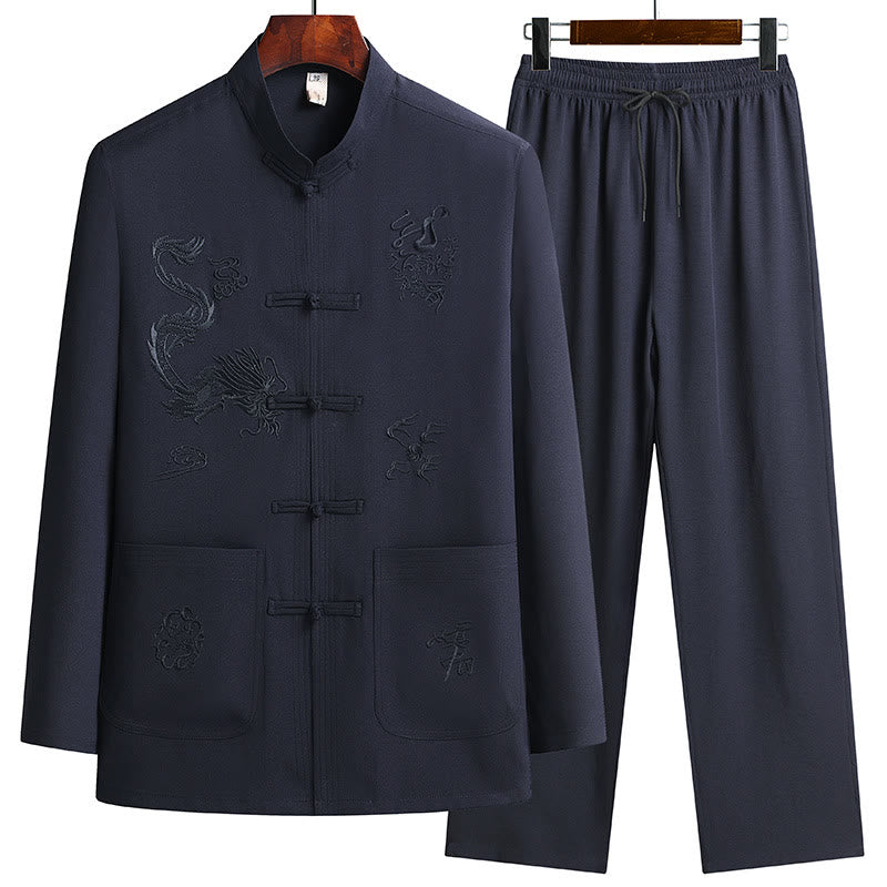 Buddha Stones中国の旧正月 刺繍 龍 カエルボタン 唐装 漢服 長袖 トップス パンツ 衣類 メンズ セット - ダークブルー - US/UK/AU44、 EU54 (4XL) - image 8
