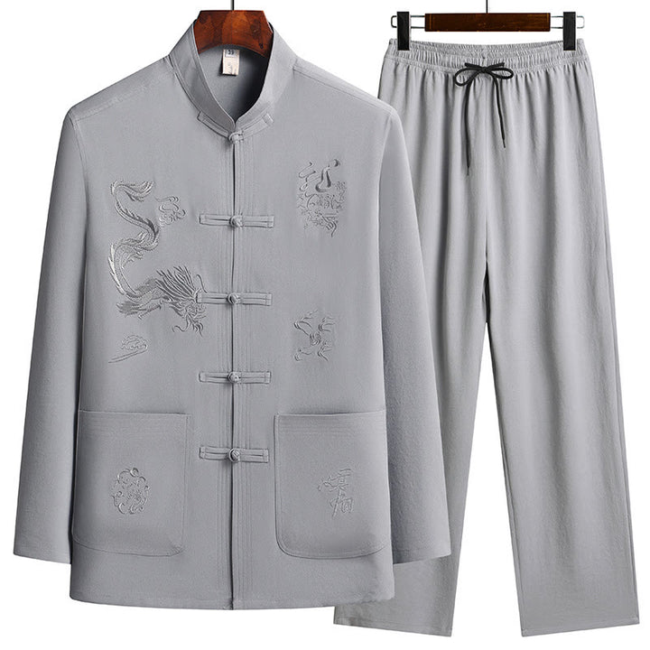 Buddha Stones中国の旧正月 刺繍 龍 カエルボタン 唐装 漢服 長袖 トップス パンツ 衣類 メンズ セット - ダークグレー - US/UK/AU44、 EU54 (4XL) - image 10