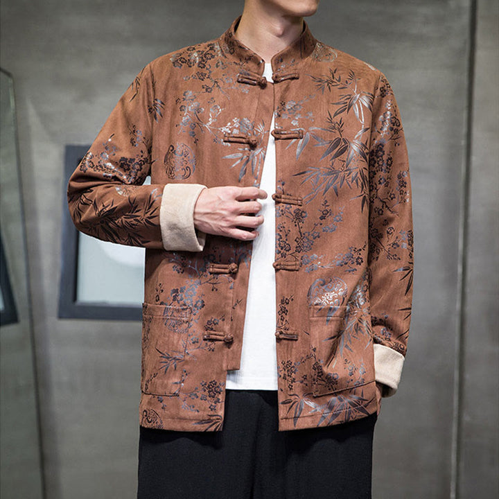 Buddha Stonesと中国の旧正月服、花柄、竹、無地、カエルボタン、唐装、綿、メンズジャケット、ポケット付きシャツ - image 12