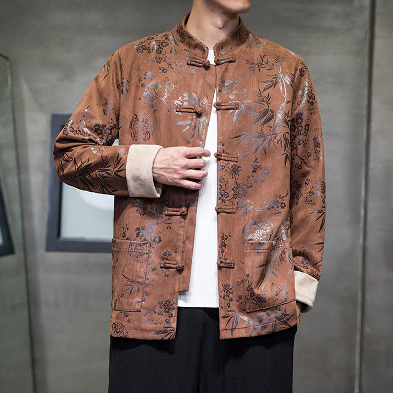 Buddha Stonesと中国の旧正月服、花柄、竹、無地、カエルボタン、唐装、綿、メンズジャケット、ポケット付きシャツ - image 12