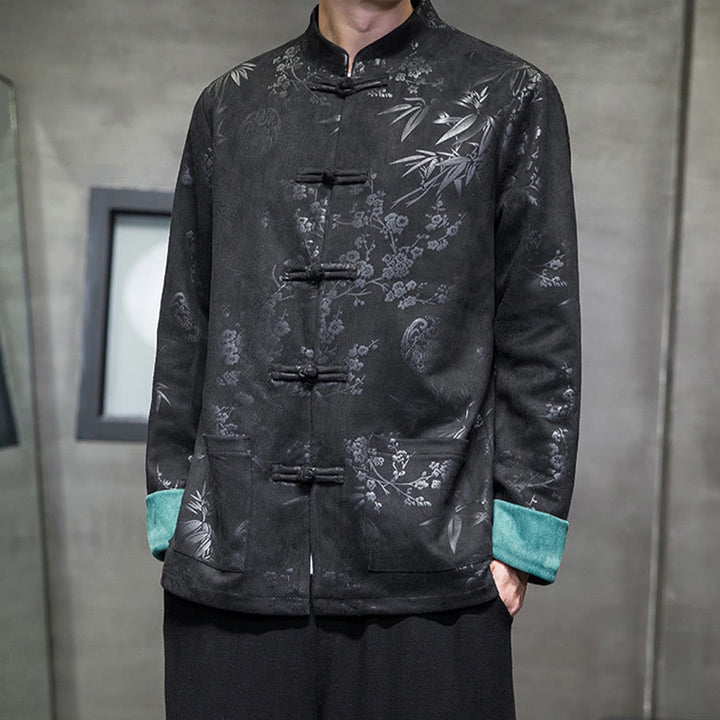 Buddha Stonesと中国の旧正月服、花柄、竹、無地、カエルボタン、唐装、綿、メンズジャケット、ポケット付きシャツ - 黒 - US/UK/AU46、 EU56 (5XL) - image 23